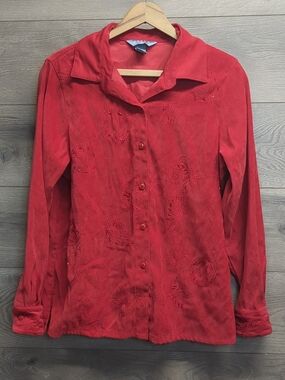 Vintage Koret Red Embroidered Button Up Blouse Women's Size Medium